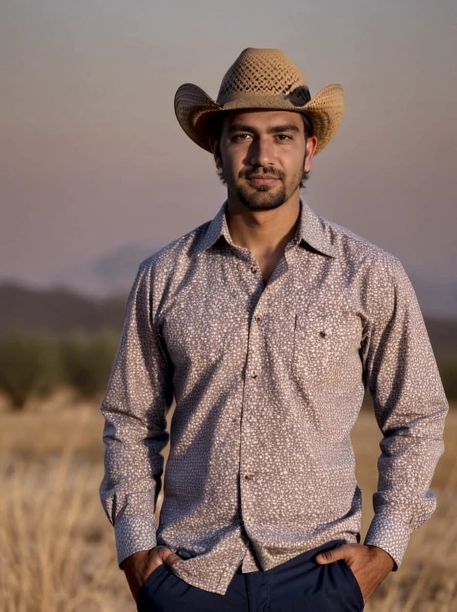 AI portrait photo of a man wearing a pattern shirt and a hat, standing on a field