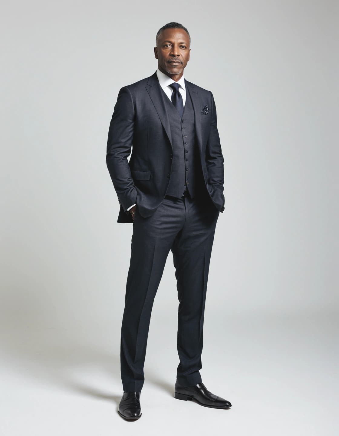 A full-length studio shot shows a dark-skinned man in a three-piece suit standing with his hands in his pockets against a plain white background. He is looking directly at the viewer. He has short, dark hair with some gray at the temples and a neatly trimmed beard. He is wearing a dark suit, a white dress shirt, and a dark tie. A dark patterned pocket square is visible in his left breast pocket. He is also wearing dark dress shoes.