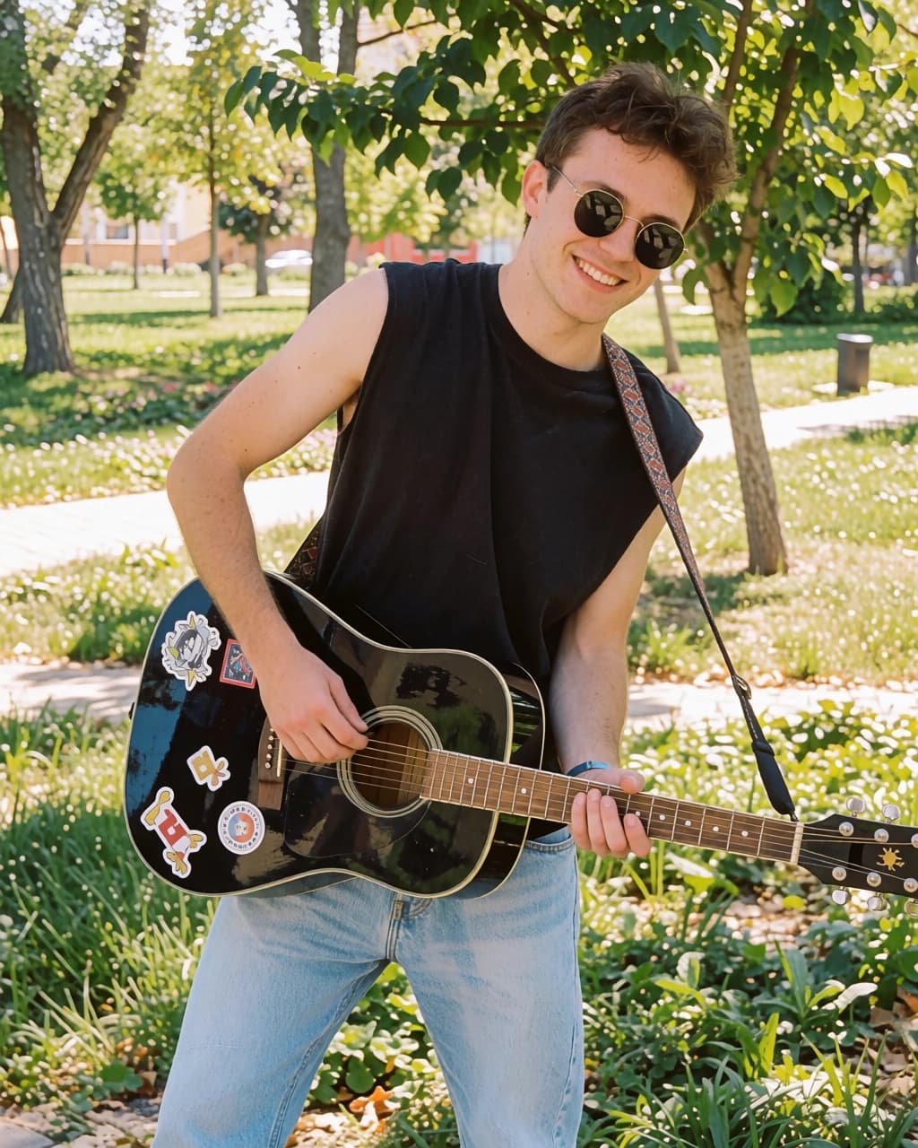 A young man with short brown hair and round sunglasses is smiling while standing in a park. He is wearing a black sleeveless t-shirt and light blue jeans. He is holding a black acoustic guitar that has several stickers on its body. The guitar is suspended by a patterned strap across his shoulder. He is positioned in front of a tree and a grassy area with dappled sunlight.