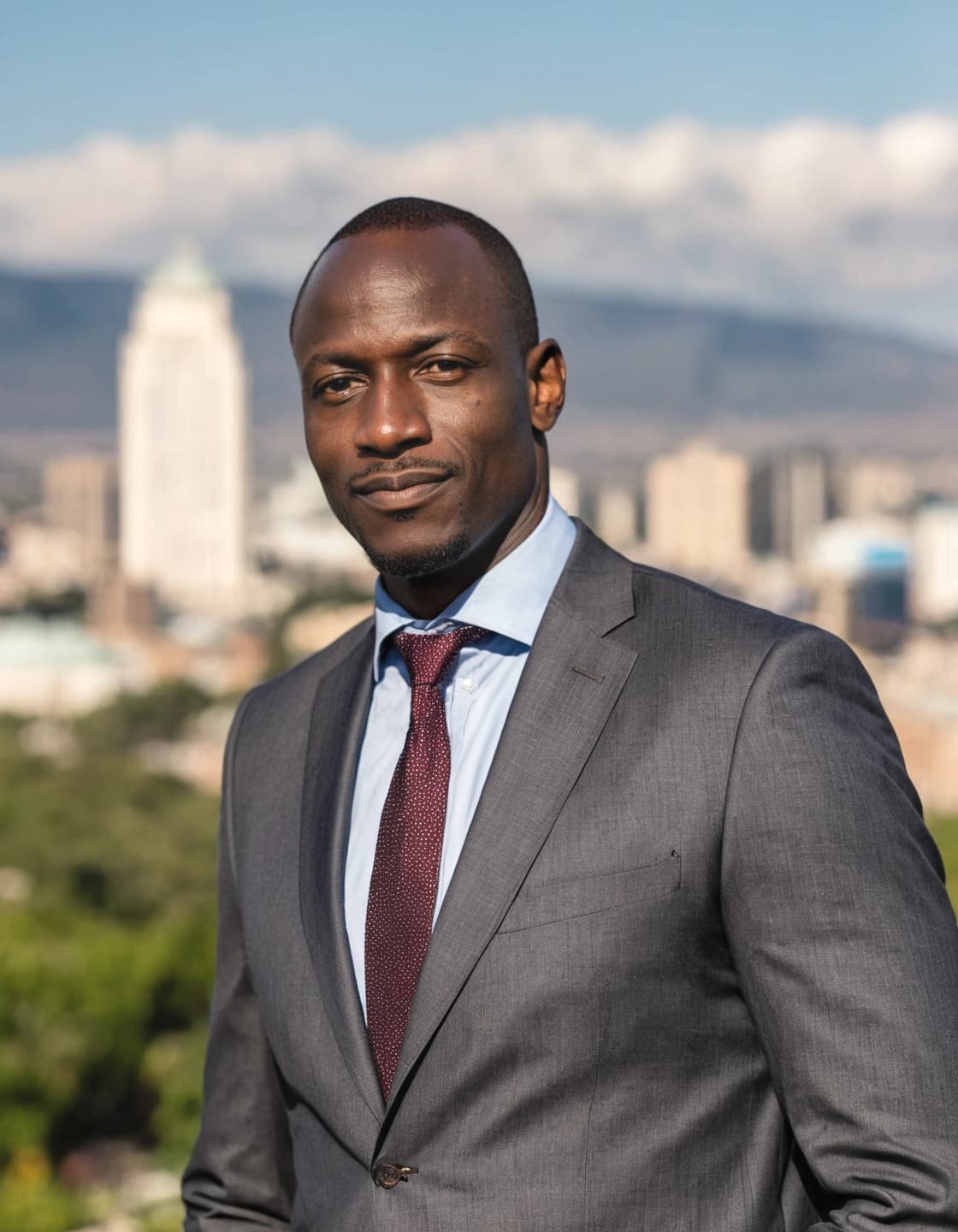 A dark-skinned man with short dark hair and a light beard, wearing a gray suit, light blue shirt, and a patterned dark red tie, stands outdoors. He is looking directly at the viewer with a slight smile. In the blurry background, a city skyline with a tall, light-colored building and mountains are visible under a blue sky.