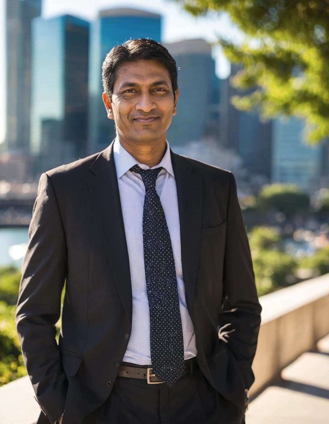 A man with dark hair, wearing a dark suit, a light blue patterned shirt, and a dark patterned tie, stands outdoors with his hands in his pockets. He is smiling and looking directly at the camera. In the background, out of focus, are modern buildings, a body of water, and green trees under a bright sky.