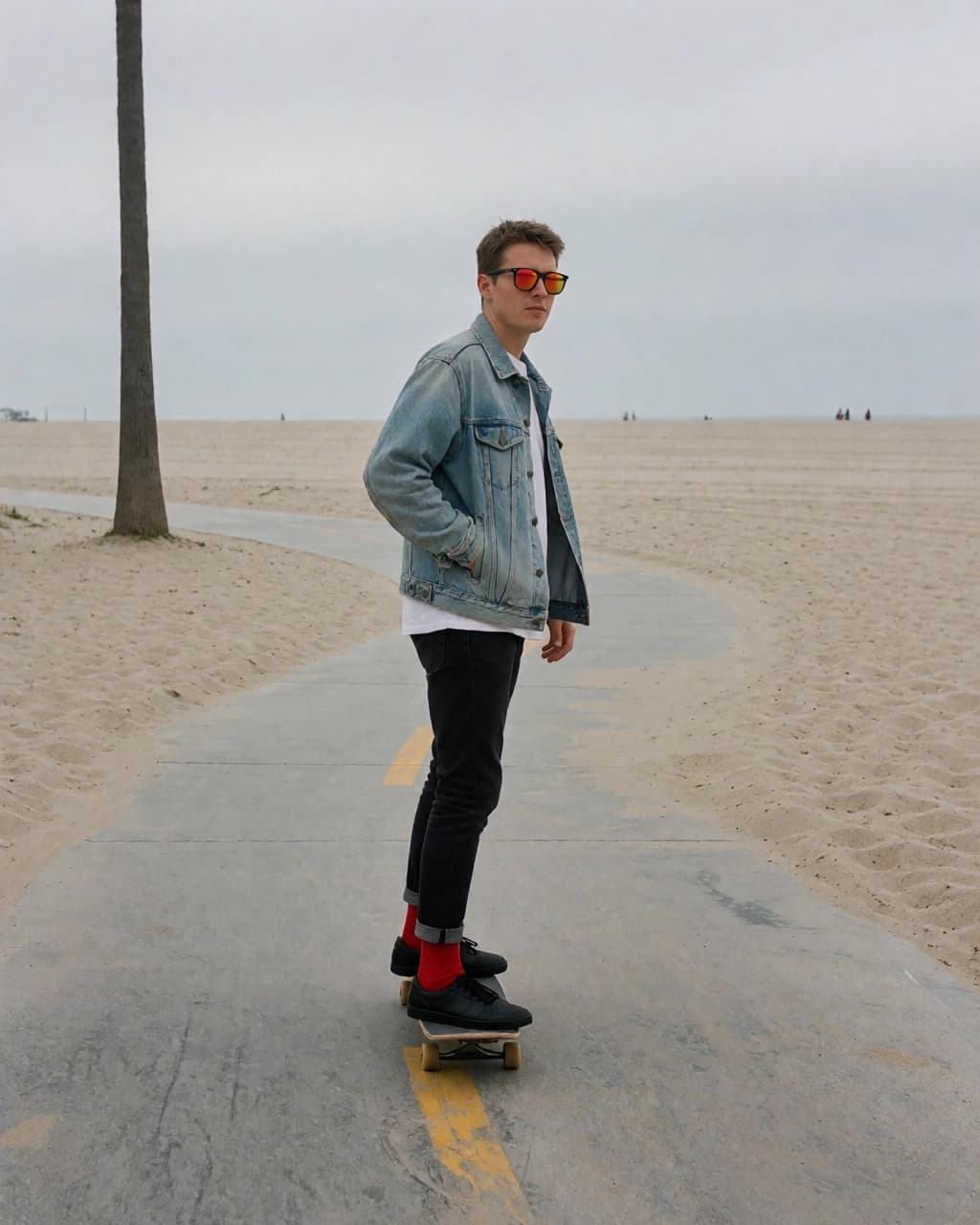 A young man wearing a light blue denim jacket, a white t-shirt, and black jeans rides a skateboard along a concrete path at a sandy beach. He is wearing bright red socks, black shoes, and orange-tinted sunglasses. He looks toward the right side of the frame while standing on the board with his left hand in his pocket. A single tall, thin tree stands to the left of the path, and the sky is overcast.