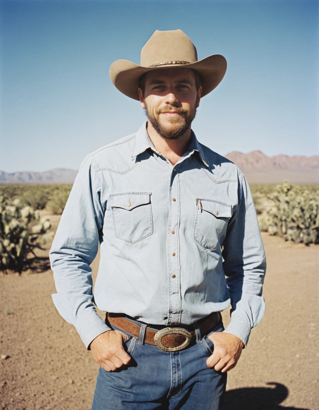 A man wearing a tan cowboy hat, a light blue denim shirt, and blue jeans with a large silver belt buckle, stands outdoors in a desert landscape. He has a beard and is looking directly at the camera with a slight smile. His hands are in his pockets. In the background, cacti, mountains, and a clear blue sky are visible.