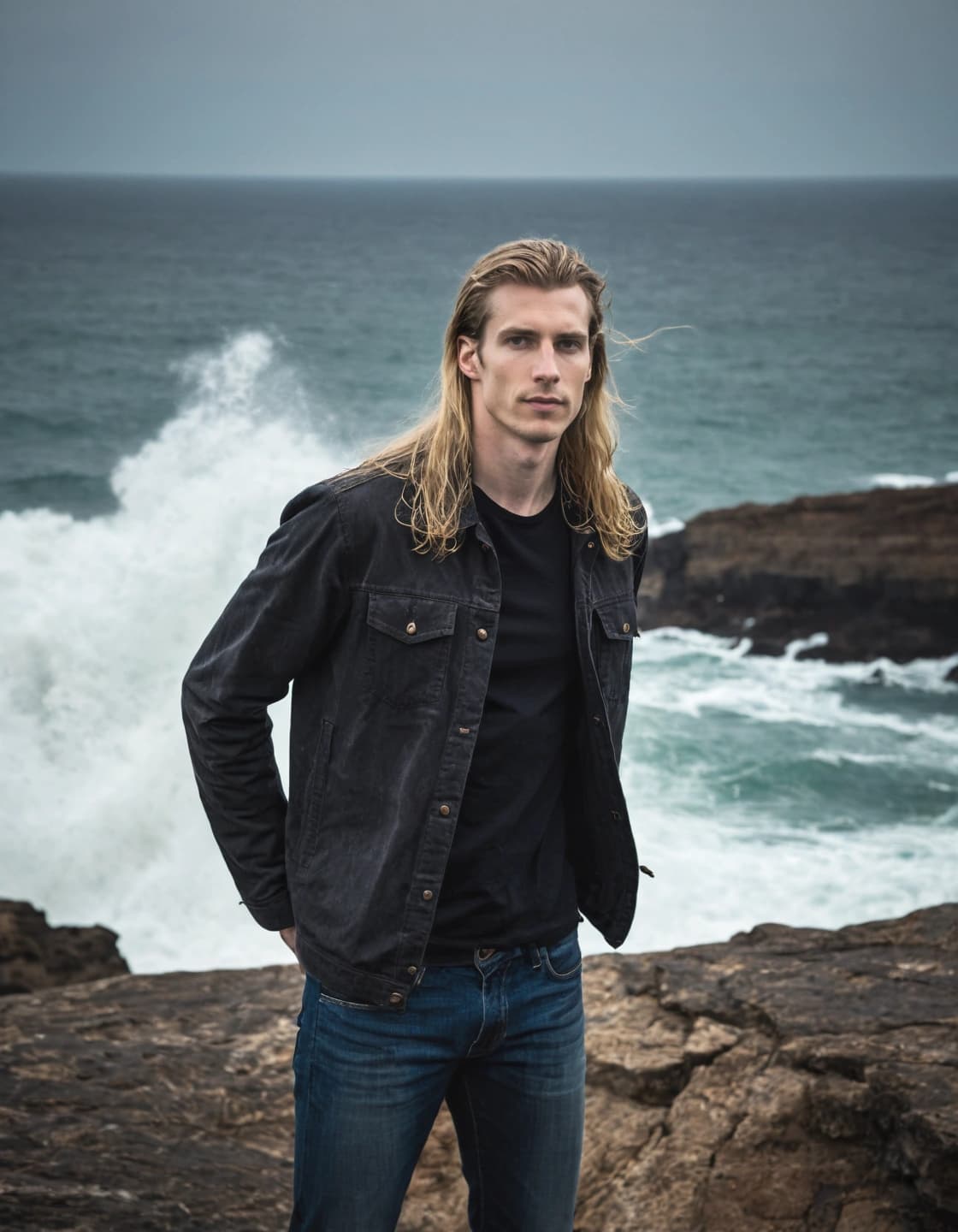 A man with long, wavy blonde hair, wearing a dark denim jacket, a black t-shirt, and blue jeans, stands on a rocky cliff overlooking the ocean. He is looking directly at the viewer. Waves crash against the rocks in the background under an overcast sky.