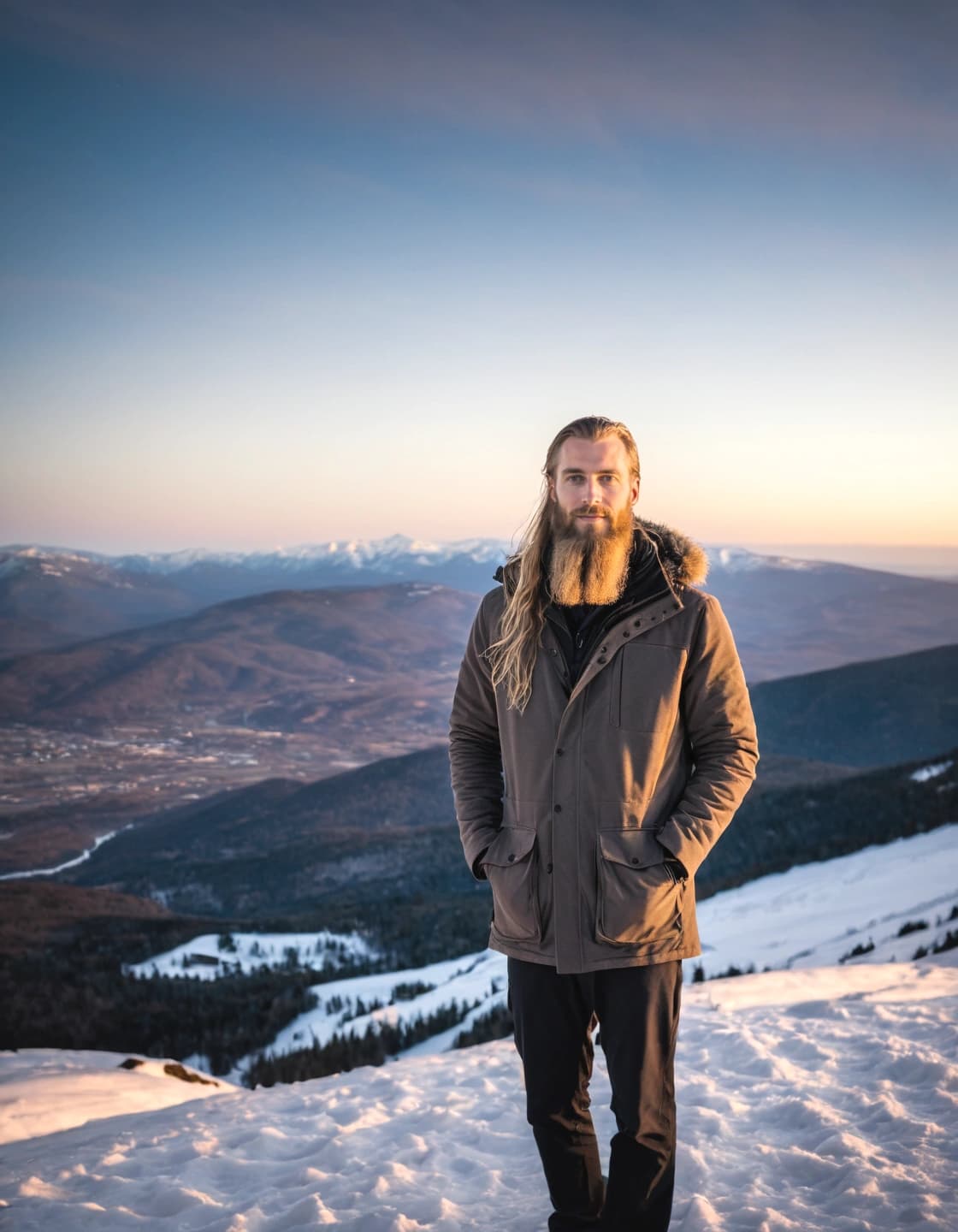 A man with very long blonde hair and a long, full blonde beard, wearing a brown winter coat with a fur-lined hood and dark pants, stands on a snow-covered mountain. He is looking directly at the viewer with his hands in his pockets. In the background, rolling snow-covered mountains, a valley, and a clear sky with the colors of sunset are visible.