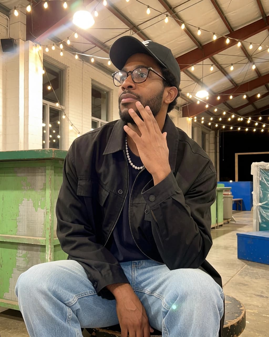 A man with a beard and glasses wears a black baseball cap, a dark jacket over a black shirt, a pearl necklace, and light blue jeans. He sits on a circular surface with one hand resting near his chin. He looks toward the left side of the frame. The background is an indoor space with string lights hanging from the ceiling and green and blue structures nearby.
