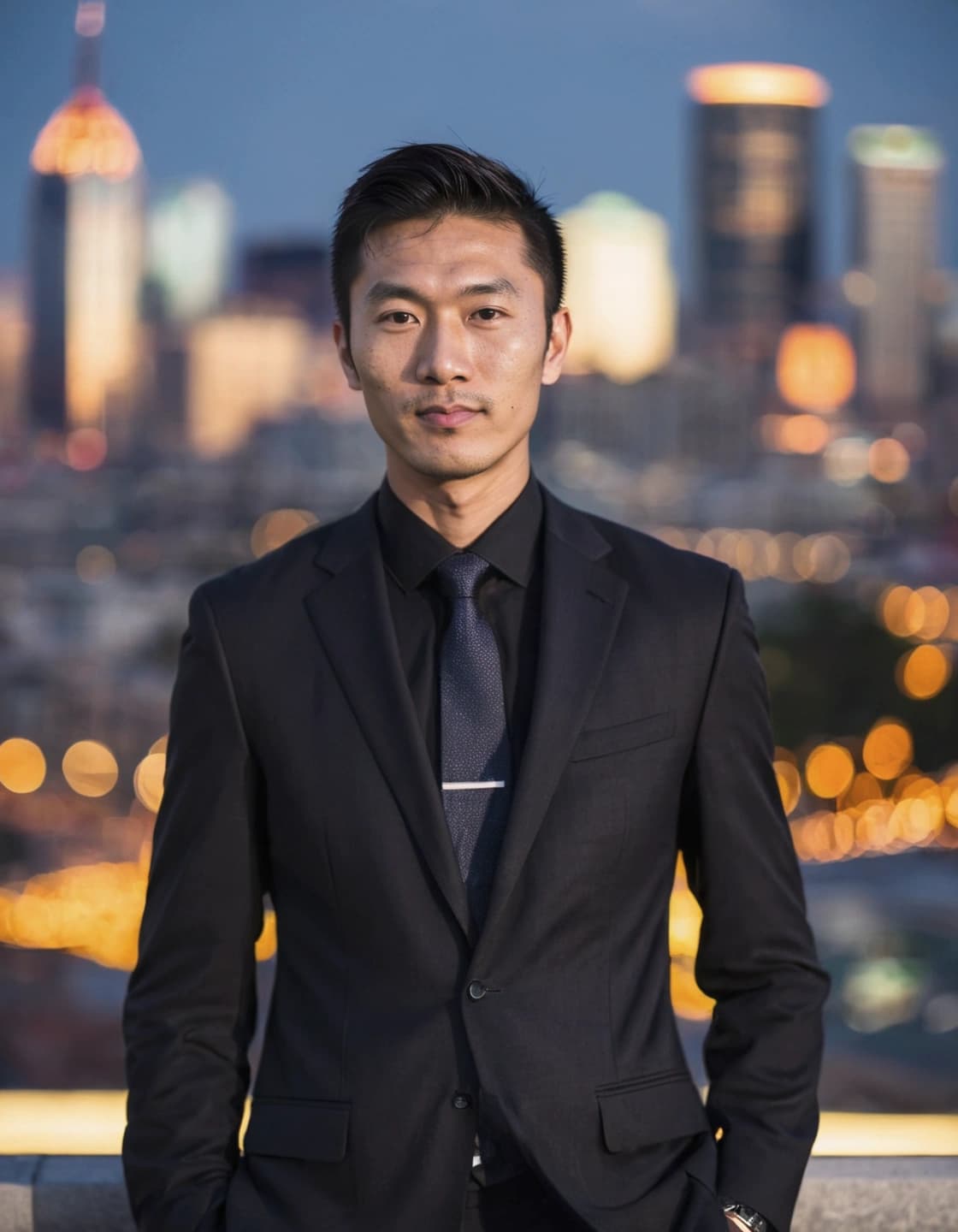 A man with short dark hair, wearing a black suit, black shirt, and dark tie with a tie clip, stands with his hands in his pockets. He is looking directly at the camera with a serious expression. In the blurry background, a city skyline with illuminated buildings and bokeh lights is visible at dusk.