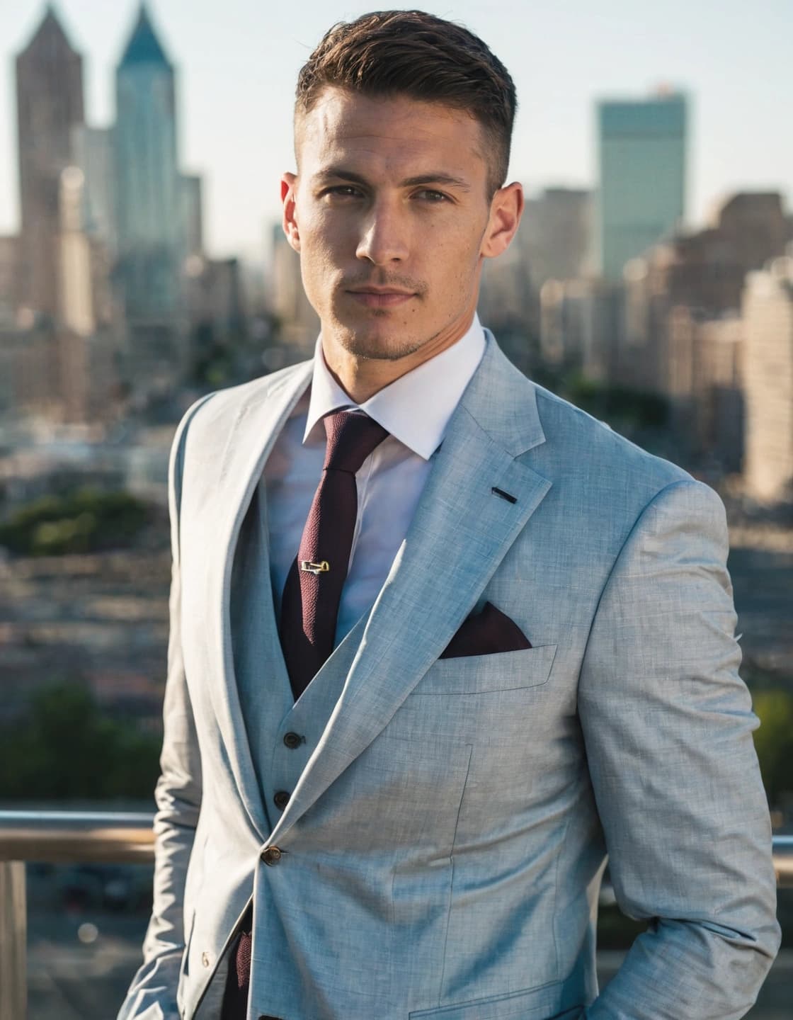 A man with short brown hair, wearing a light gray three-piece suit, a white shirt, and a dark red tie with a tie clip, stands outdoors. He is looking directly at the camera with a serious expression. A dark red pocket square is visible in his left breast pocket. In the blurry background, a city skyline with tall buildings is visible under a clear sky.
