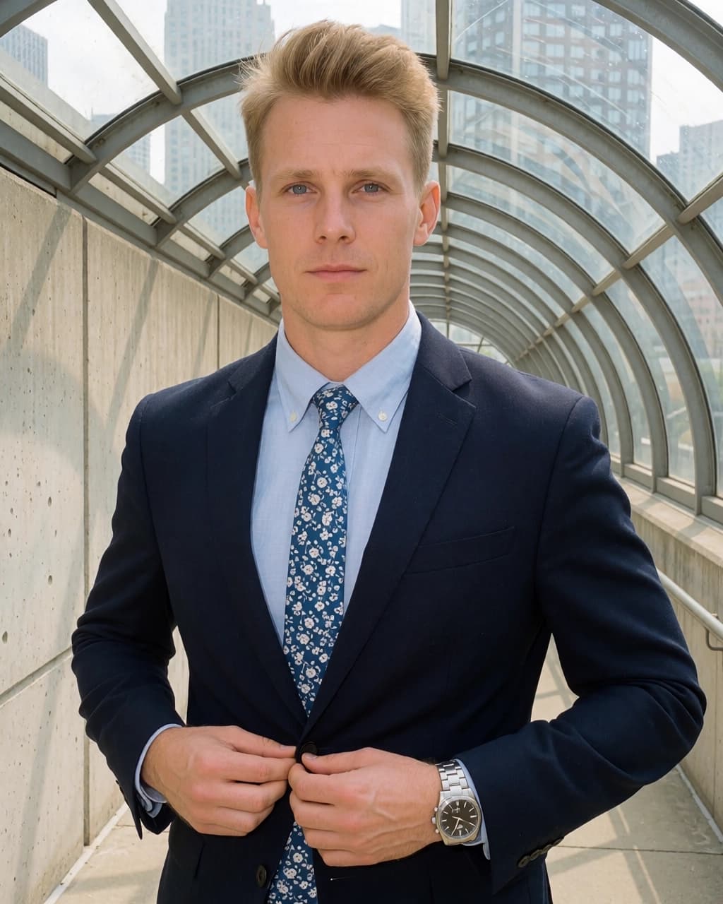 A fair-skinned man with light brown hair stands centered in a glass-enclosed pedestrian walkway. He is wearing a dark navy blazer over a light blue button-down shirt and a blue floral-patterned necktie. His hands are positioned at the waist of the blazer, appearing to button it. A silver-toned wristwatch with a black face is visible on his left wrist. The background consists of concrete walls and a curved glass ceiling, with urban buildings visible through the glass panels.