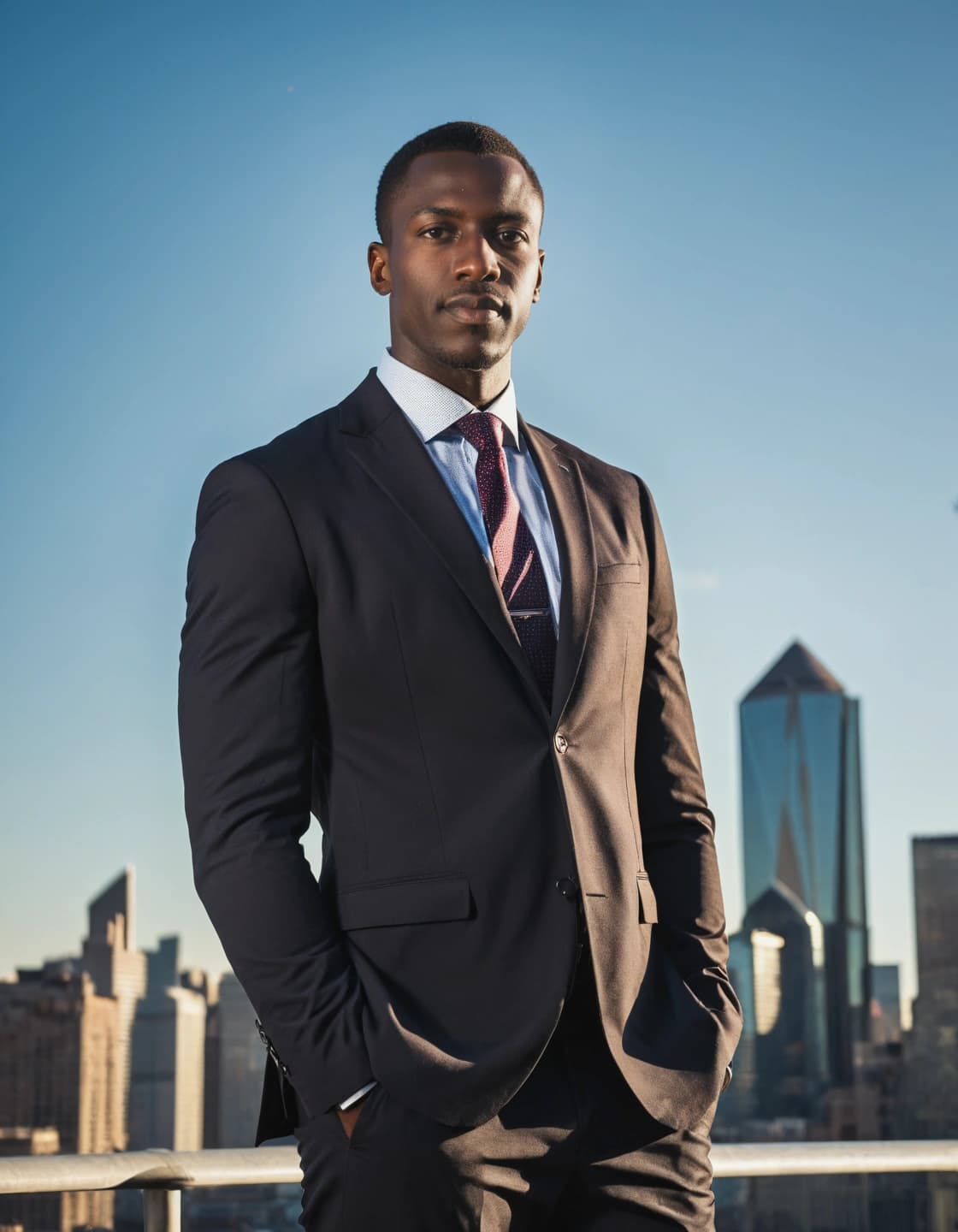 A dark-skinned man with short dark hair, wearing a dark suit, light blue patterned shirt, and a dark patterned tie with a tie clip, stands with his hands in his pockets. He is looking directly at the camera with a serious expression. In the background, a city skyline with tall buildings and a clear blue sky are visible.