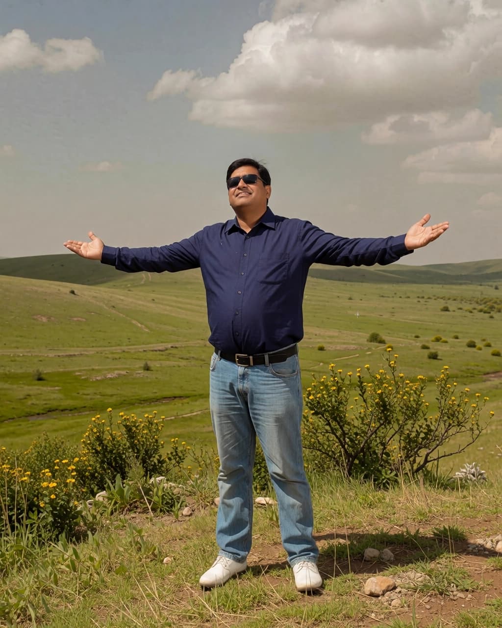 A man stands in an open, grassy field with his arms extended outward to his sides. He is wearing a dark blue long-sleeved button-up shirt, a black belt, light blue jeans, white shoes, and dark sunglasses. His head is tilted slightly upward toward the sky. The background consists of rolling green hills under a sky with scattered white clouds. Some yellow flowers grow on bushes near the man.