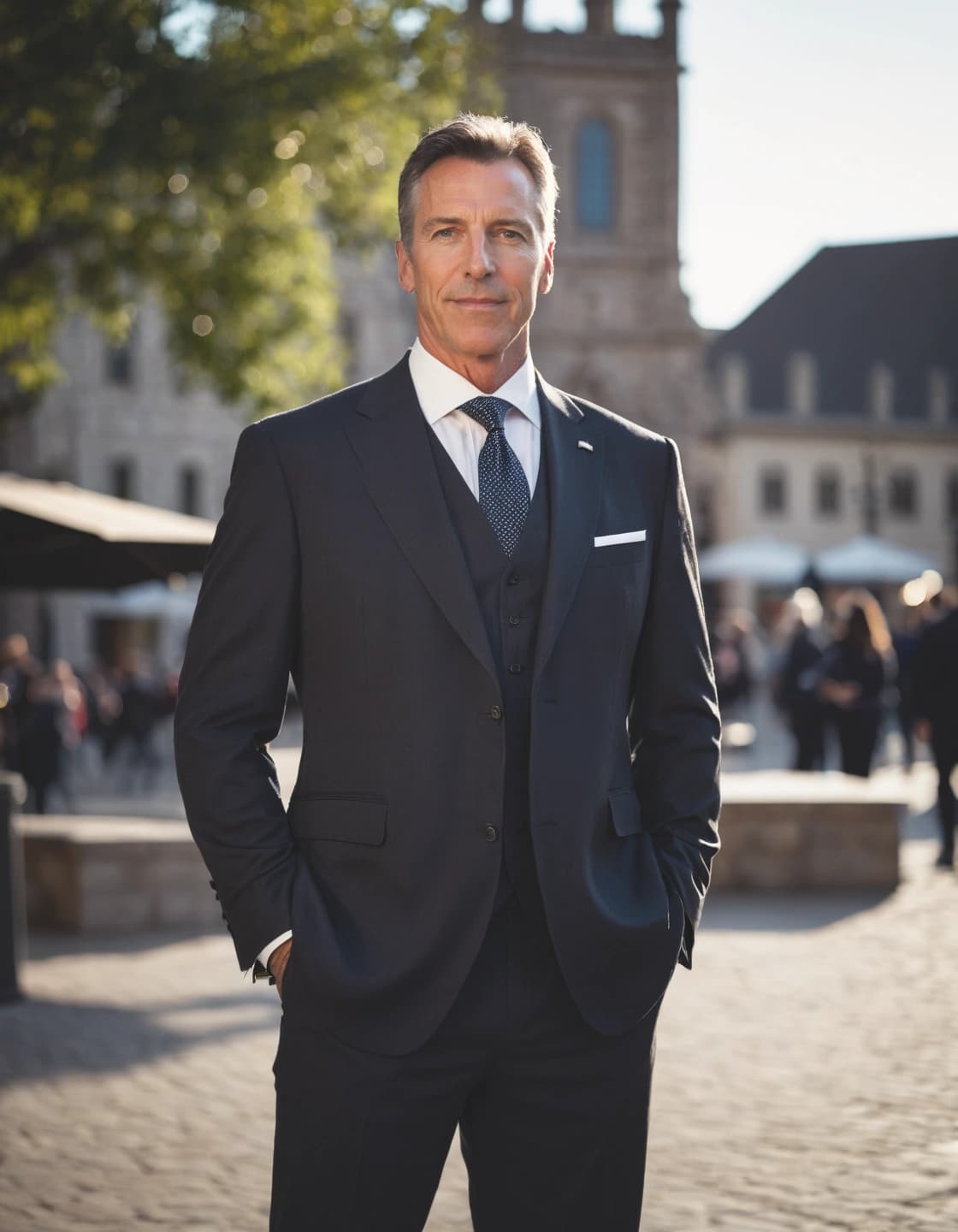 A man with graying hair, wearing a dark three-piece suit, white shirt, and a dark patterned tie, stands with his hands in his pockets. He is looking directly at the camera with a serious expression. A white pocket square is visible in his left breast pocket. In the blurred background, a cobblestone street, historic buildings, and people are visible under a sunny sky.