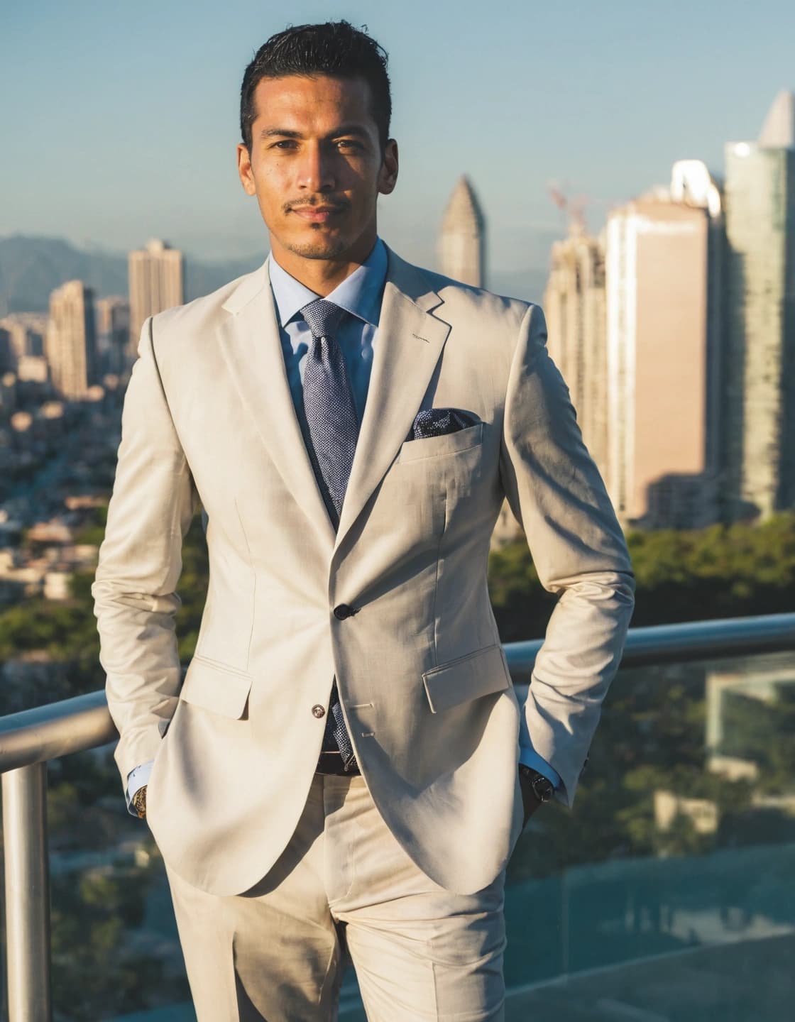 A man with dark hair and a thin mustache, wearing a light-colored suit, a light blue shirt, and a dark patterned tie, stands with his hands in his pockets. He is leaning against a railing and looking directly at the camera. A dark patterned pocket square is visible in his left breast pocket. In the background, a city skyline with tall buildings and a clear blue sky are visible.