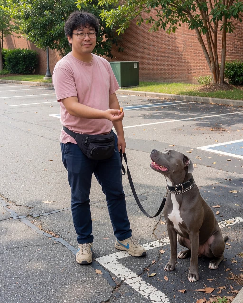 A man with glasses wearing a pink t-shirt, a black fanny pack, and dark blue pants stands in a parking lot holding a small treat in his hand toward a grey pit bull-type dog. The dog is sitting on the asphalt looking up at the man, wearing a black collar with a metal chain. The man is holding a black leash attached to the dog's collar. The background includes a brick building, trees, and green utility boxes.