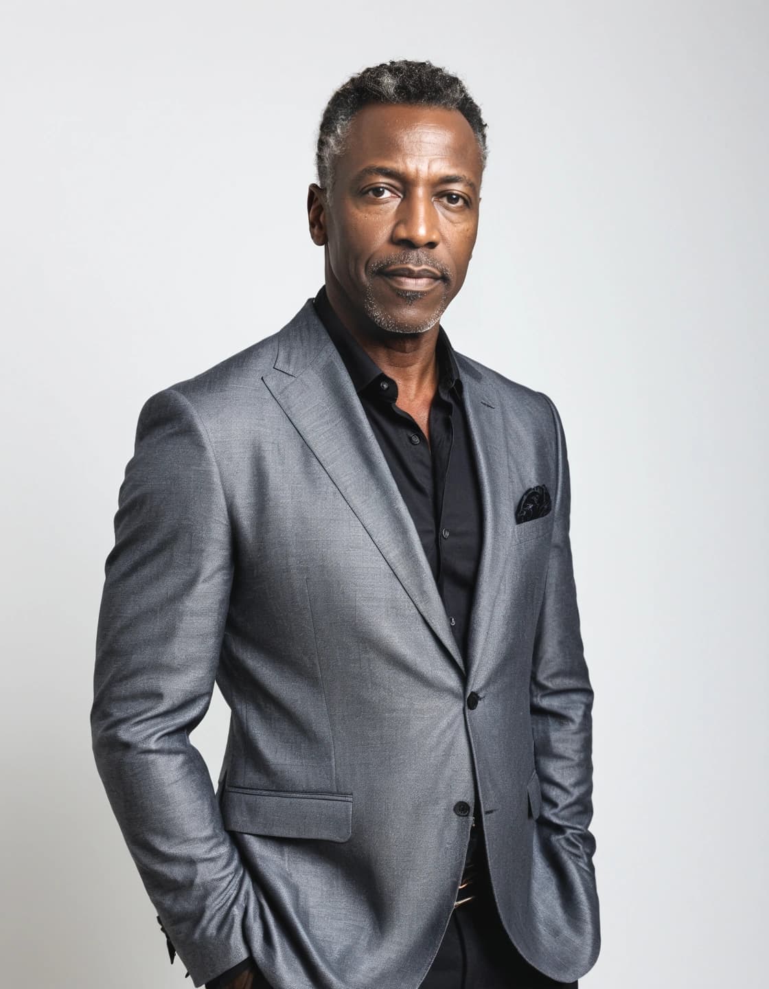 A medium shot shows a dark-skinned man in a gray suit jacket and black collared shirt, looking directly at the viewer with his hands in his pockets. He has short, curly graying hair and a neatly trimmed beard and mustache. A black patterned pocket square is visible in his left breast pocket. He is standing against a plain white background.