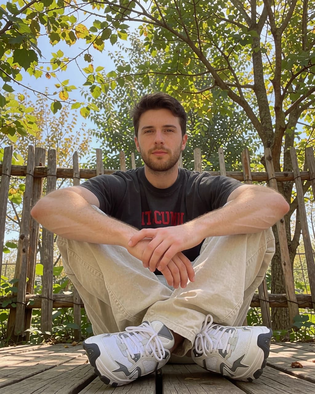 A young man with short brown hair and a beard sits cross-legged on a wooden deck in front of a rustic wooden fence. He is wearing a dark gray t-shirt with red lettering, light-colored khaki pants, and white athletic shoes with gray accents. His hands are clasped together in his lap. Above him, tree branches with green leaves provide partial shade against a bright, clear sky.
