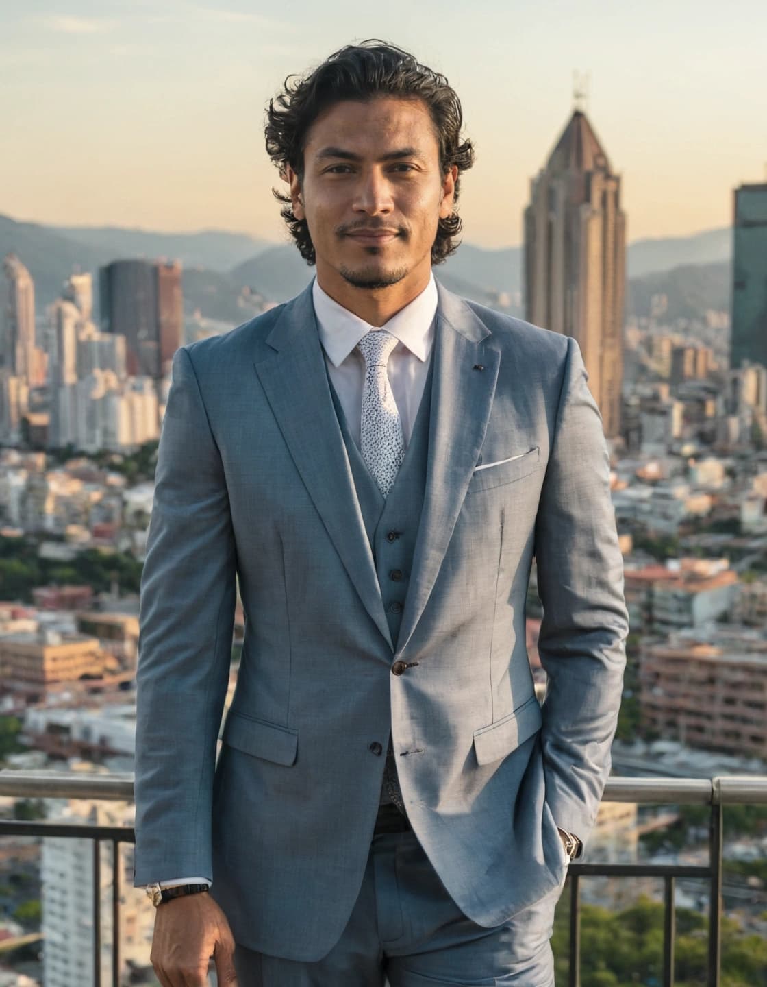 A man with dark, curly hair and a slight beard, wearing a light blue three-piece suit, a white shirt, and a light patterned tie, stands with one hand in his pocket. He is looking directly at the camera with a slight smile. A white pocket square is visible in his left breast pocket. In the background, a city skyline with tall buildings and mountains are visible under a clear sky.