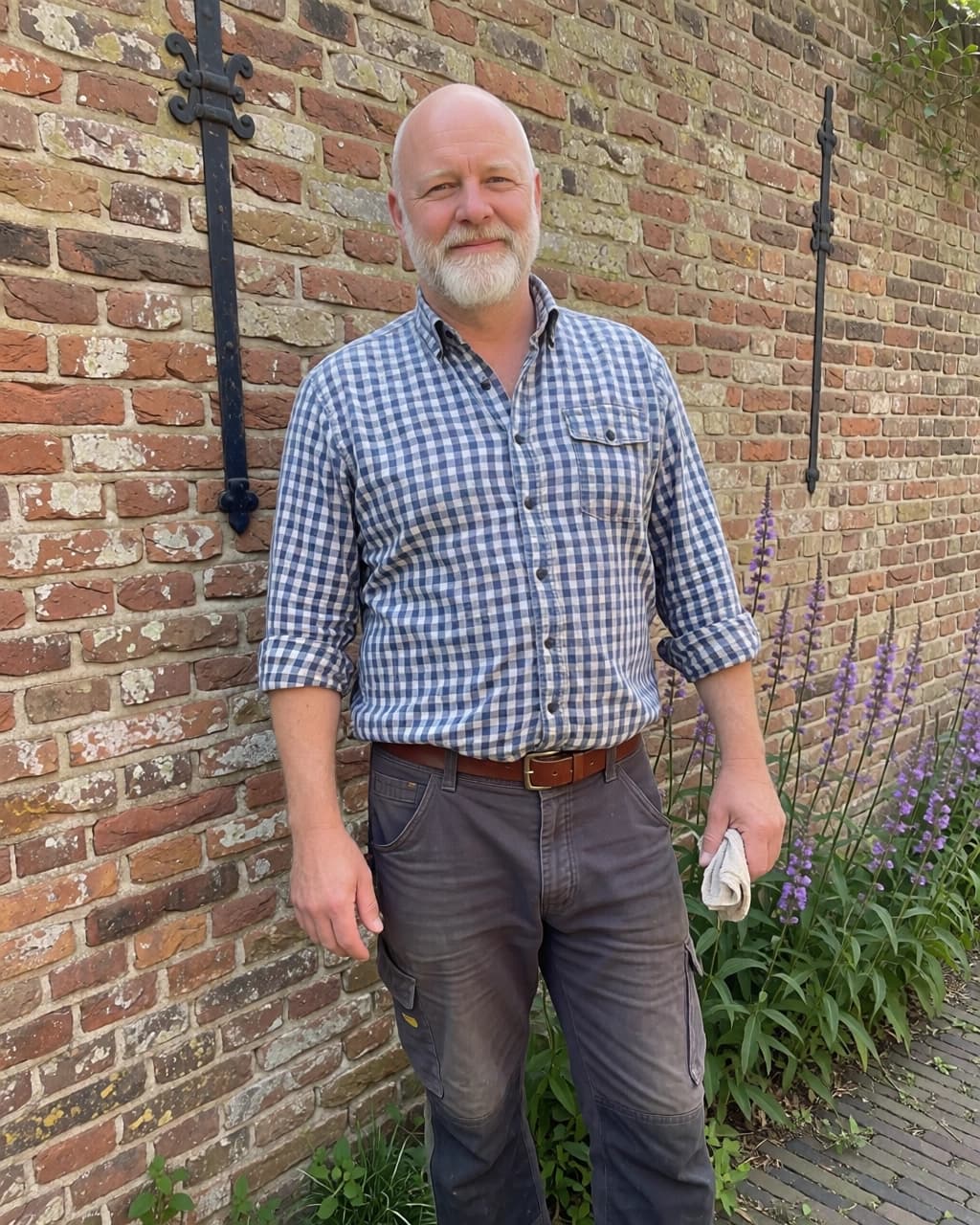 A bald, middle-aged man with a graying beard stands in front of a red brick wall. He is wearing a blue and white checkered long-sleeved shirt with the sleeves rolled up to his elbows, a brown leather belt, and dark gray work pants. He holds a small, light-colored cloth in his left hand. To his right, purple flowers grow from a bed of green foliage near the base of the brick wall. Two tall, narrow black metal decorative strips are mounted vertically on the brick wall behind him.