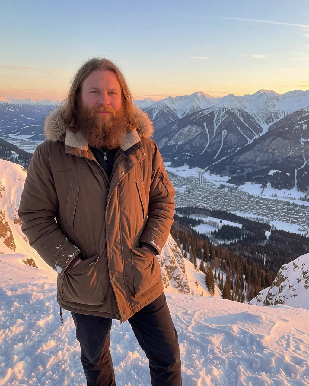 A man with long light brown hair and a thick beard stands on a snow-covered mountain slope. He is wearing a brown parka with a fur-lined hood and dark trousers. Behind him is a wide valley filled with a small town surrounded by snow-covered mountain ranges under a sunset sky.