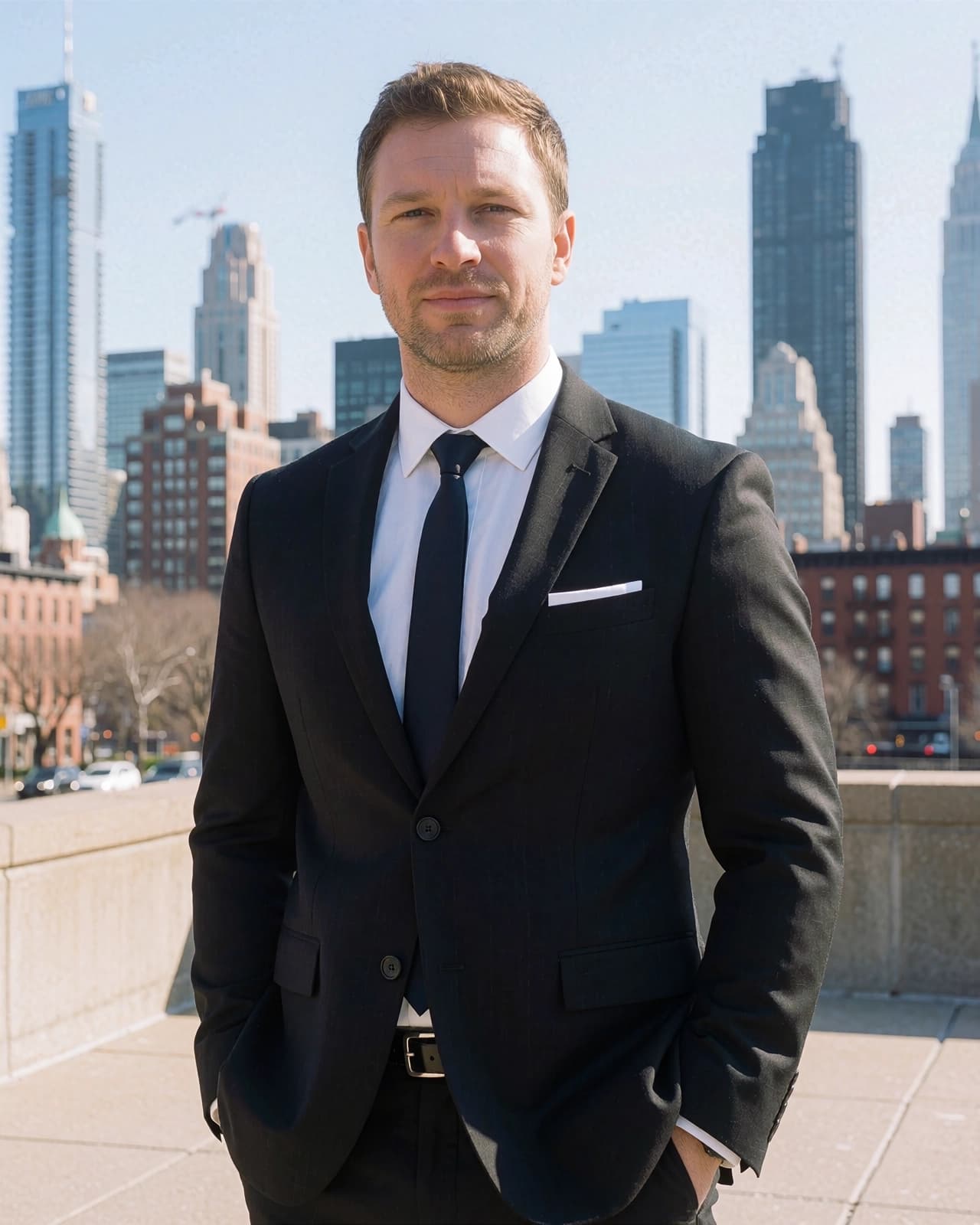 A man with short brown hair and light stubble faces the camera while wearing a black suit, a white dress shirt, and a dark necktie. A white pocket square is tucked into the breast pocket of his jacket, and his hands are tucked into his pants pockets. He stands on an outdoor paved terrace with a city skyline visible in the background under a clear sky.