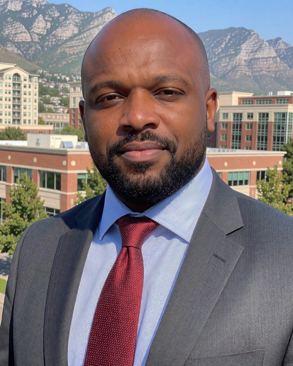 A medium shot shows a middle-aged Black man with a shaved head and a short, neatly trimmed beard facing forward. He is wearing a grey blazer, a light blue collared shirt, and a dark red tie. The background features several modern, multi-story office buildings and a large mountain range under a clear blue sky.