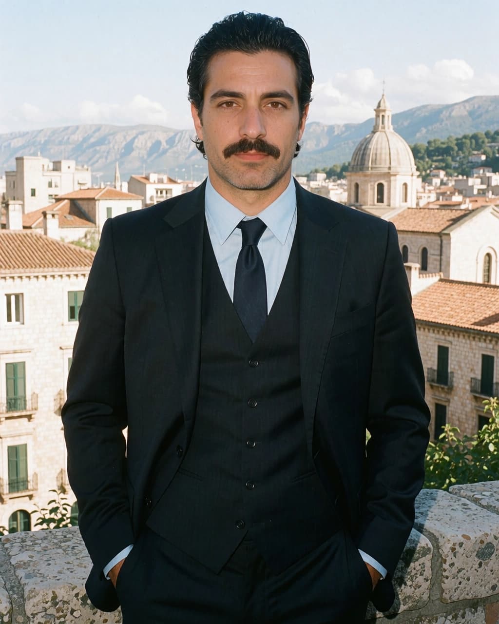 A man with dark hair and a mustache is positioned in the foreground, facing forward with his hands inside his pockets. He is wearing a dark suit with a matching waistcoat, a light blue collared shirt, and a dark tie. Behind him, there is a cityscape featuring several buildings with terracotta-tiled roofs and a prominent domed structure. In the far background, there are light-colored mountain ranges under a bright sky.