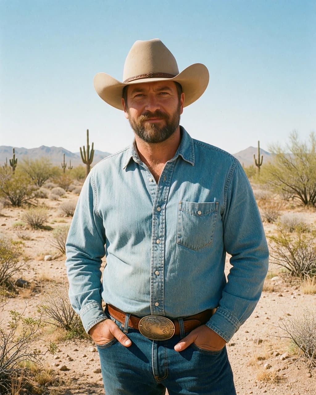 A man with a beard and a tan cowboy hat stands in a desert landscape with his hands in the pockets of his blue jeans. He is wearing a light blue denim button-down shirt and a brown leather belt with a large, ornate metal buckle. The background consists of dry, sandy ground, scattered shrubs, several saguaro cacti, and distant mountains under a clear blue sky.
