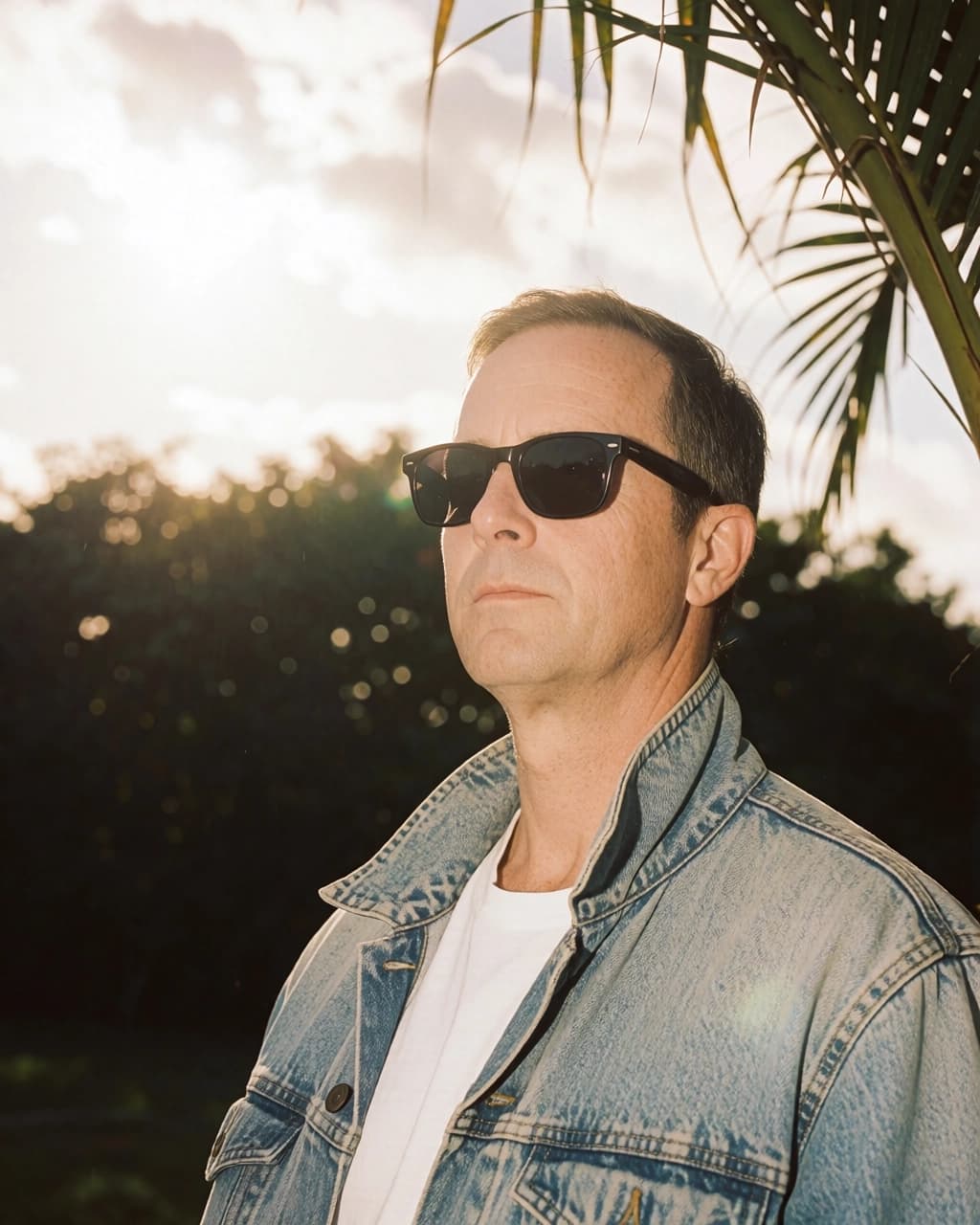 A man with short brown hair stands outdoors wearing black-framed sunglasses, a white t-shirt, and a light-wash denim jacket. The background features dense green foliage and the sun is visible in the upper left corner, creating a lens flare and bright backlighting. The man is looking toward the left side of the frame with a neutral expression. A portion of a palm leaf is visible in the upper right corner.