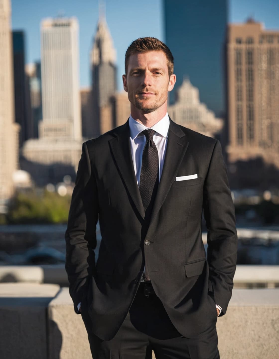 A man in a black suit with a white shirt and dark tie stands with his hands in his pockets, looking at the camera. He has short, light brown hair and a slight beard. In the background, out of focus, are several tall buildings and a clear blue sky. A white pocket square is visible in his suit jacket pocket.
