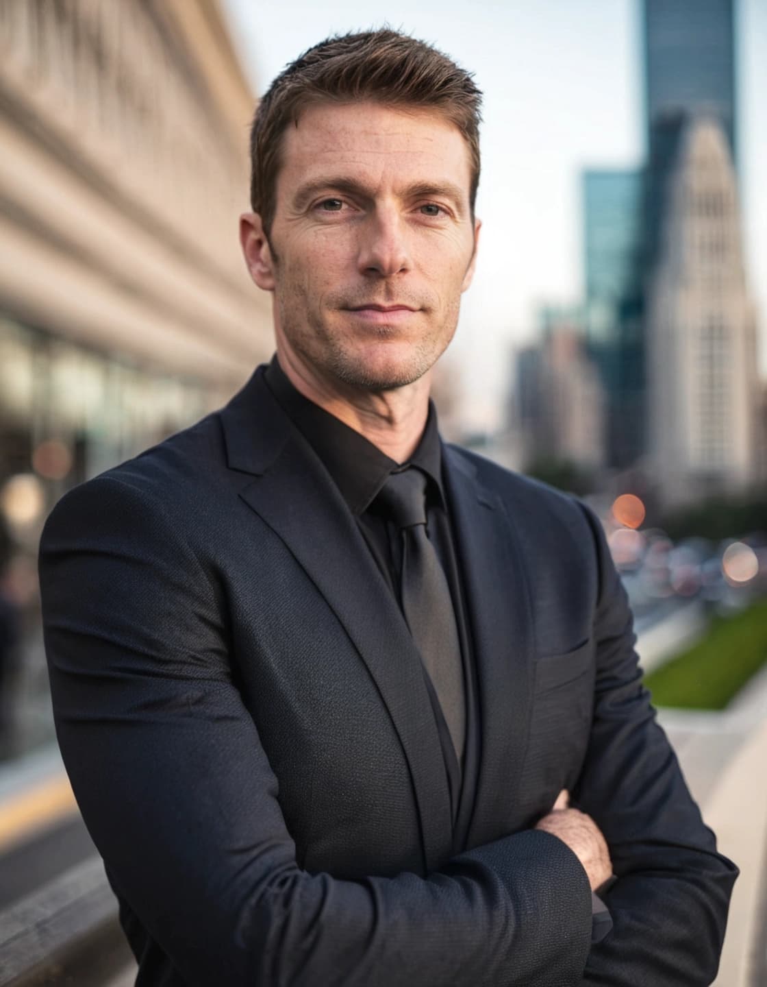A man in a black suit and black tie stands outdoors with his arms crossed, looking at the camera. He has short, light brown hair and a faint beard. In the background, out of focus, are modern buildings and some greenery under a bright sky.