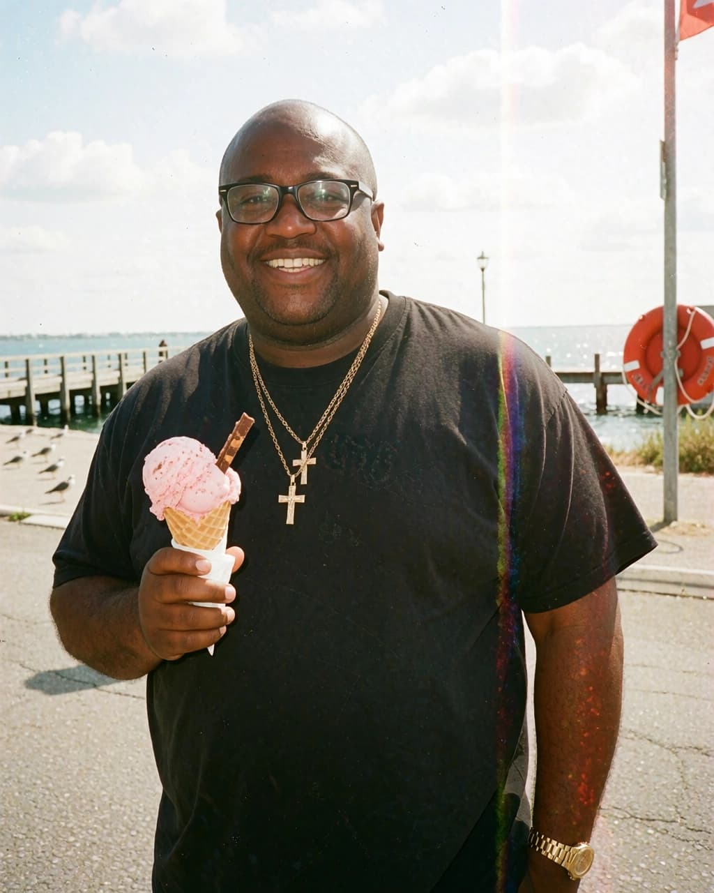 A smiling man with a shaved head and glasses wears a black t-shirt, two gold cross necklaces, and a gold watch. He holds a strawberry ice cream cone in a waffle cone with a wafer stick in his right hand. The background features a paved area, a pier stretching into the water, a red life preserver on a pole, and several birds on the ground. A vertical rainbow-colored light flare appears on the right side of the image.