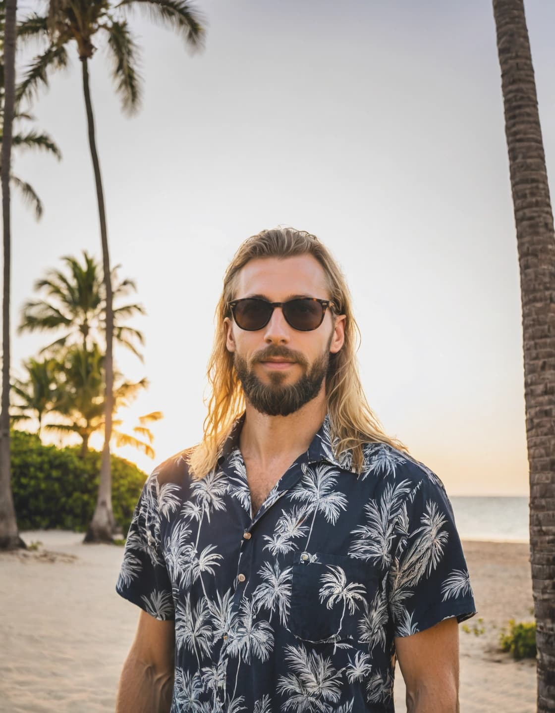 A man with long blonde hair and a beard, wearing sunglasses and a dark blue Hawaiian shirt with white palm trees, stands on a sandy beach. Tall palm trees frame him on either side, and in the background, the ocean and a soft sunset sky are visible.