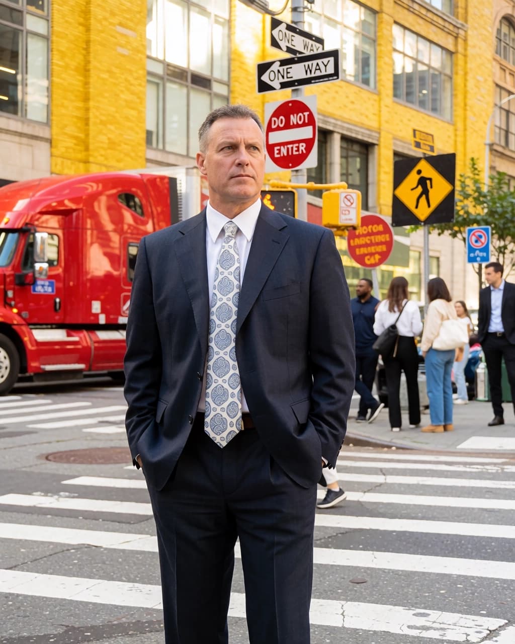 A middle-aged man with short hair wearing a navy blue suit, white collared shirt, and a light-colored paisley patterned tie stands in the center of a city crosswalk with his hands in his pockets. Behind him, a large red semi-truck is parked near a yellow building. Several traffic signs are mounted on a pole, including one that says "DO NOT ENTER" and two "ONE WAY" signs, along with a yellow pedestrian crossing sign. In the background, people are walking on the sidewalk and crossing the street.