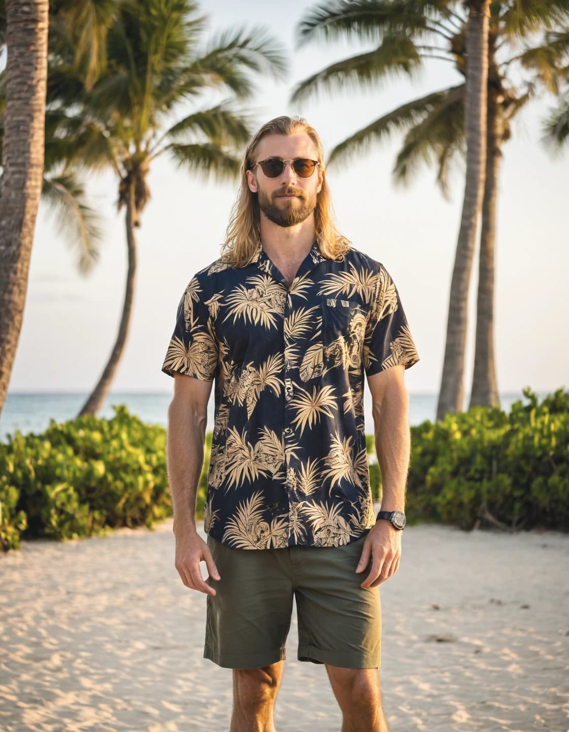A man with long blonde hair and a beard, wearing sunglasses, a dark Hawaiian shirt with gold palm trees, and olive green shorts, stands on a sandy path. Two tall palm trees rise behind him, and green bushes line the path. The ocean is visible in the background under a light sky. He is looking directly at the camera.