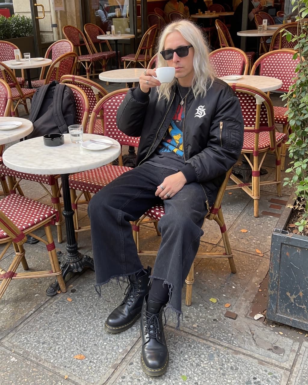 A person with long blonde hair, black sunglasses, and a black jacket sits at an outdoor cafe table drinking from a white cup. The individual is wearing a dark graphic t-shirt, black pants with frayed hems, and black lace-up boots. The person sits on a woven chair with a red and white pattern at a round white marble table. The cafe terrace contains several identical tables and chairs, a black backpack, a glass of water, and an ashtray. A stone planter with greenery is visible on the right side of the frame.