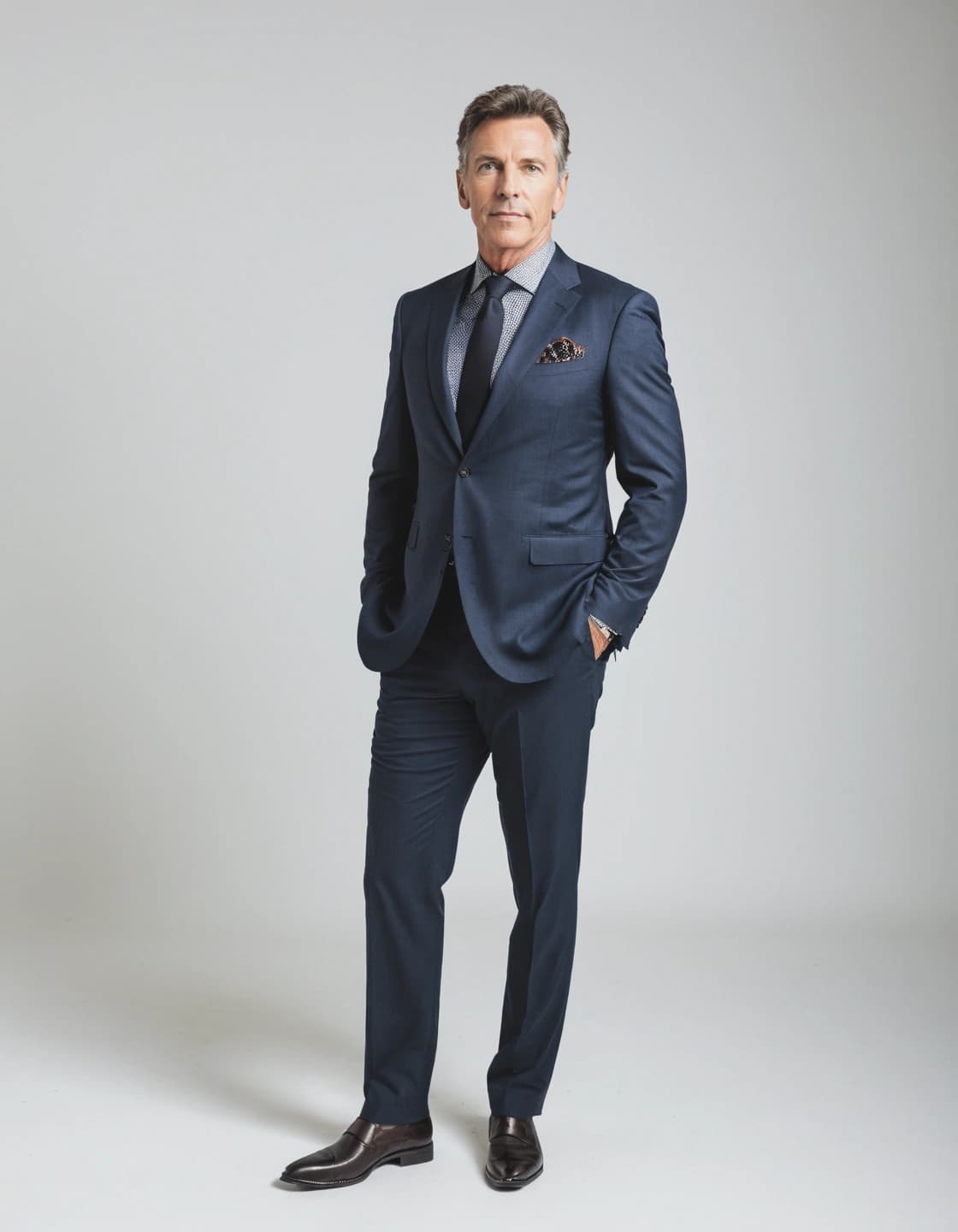 A full-length studio shot shows a man in a dark blue suit, white patterned shirt, and dark tie, standing with his hands in his pockets. He has short, graying hair and is looking directly at the viewer. A patterned pocket square is visible in his left breast pocket. He is wearing dark brown dress shoes. The background is a plain white.
