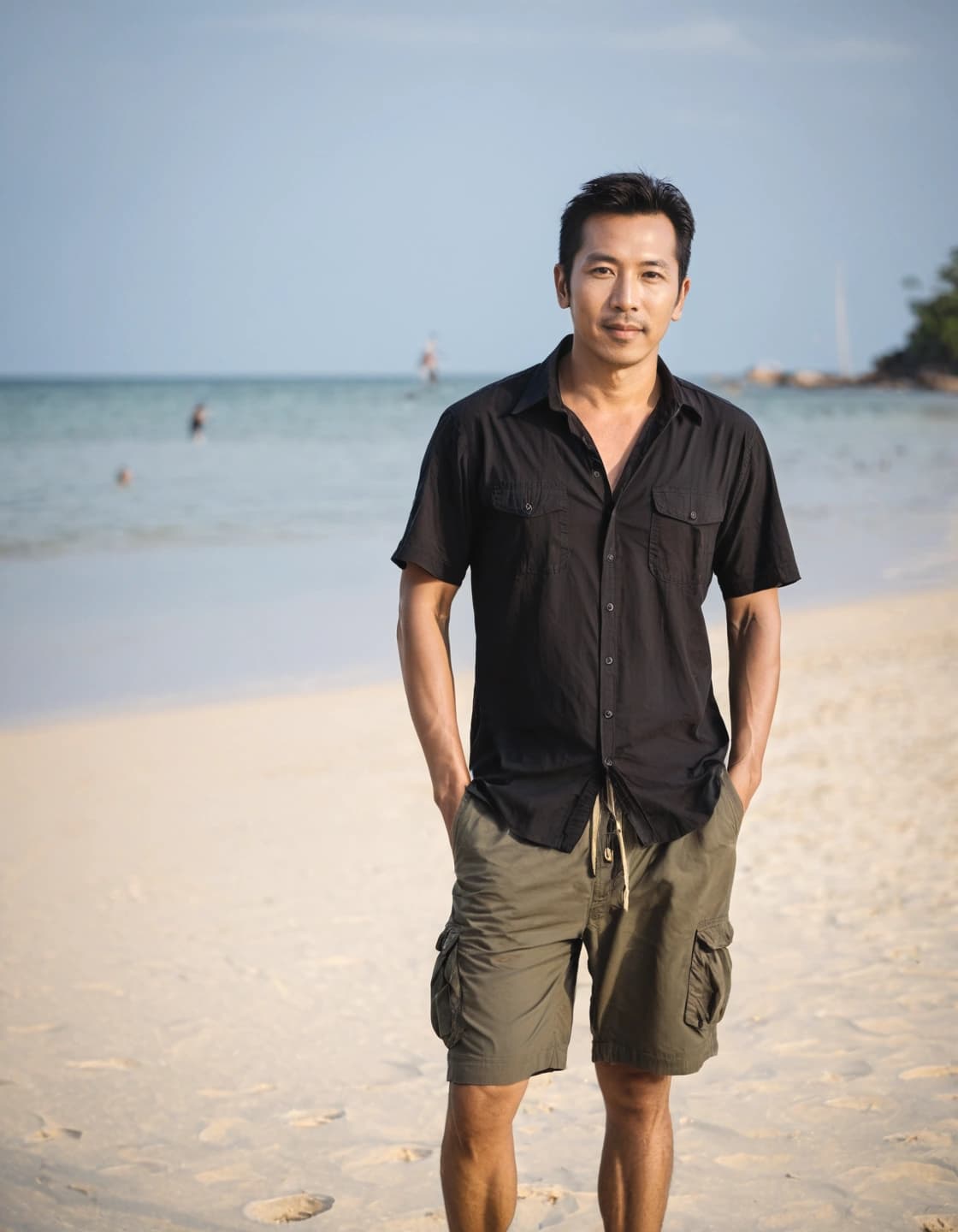 A man with short dark hair and a light mustache and beard stands on a sandy beach, looking directly at the viewer. He is wearing an unbuttoned black short-sleeved shirt and olive green cargo shorts, with his hands in his pockets. In the background, the ocean and a hazy sky are visible, along with some indistinct figures in the water.