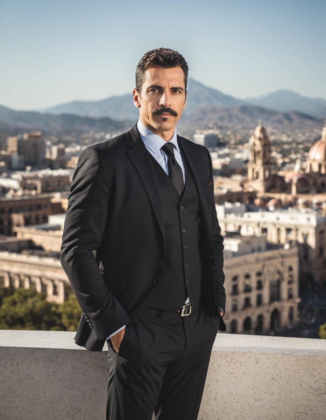 A man with dark hair and a prominent mustache, wearing a black three-piece suit, a light blue shirt, and a dark tie, stands with his hands in his pockets. He is looking directly at the camera. Behind him is a city skyline with mountains in the distance under a clear sky.