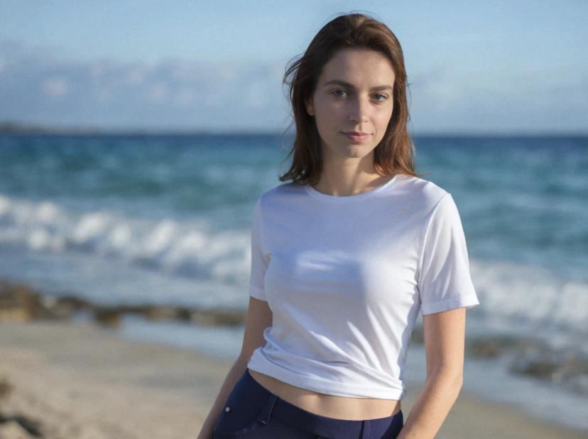 wide portrait photo of a beautiful caucasian woman with dark hair standing at the beach, wearing a white shirt, looking at the camera, sea in the background