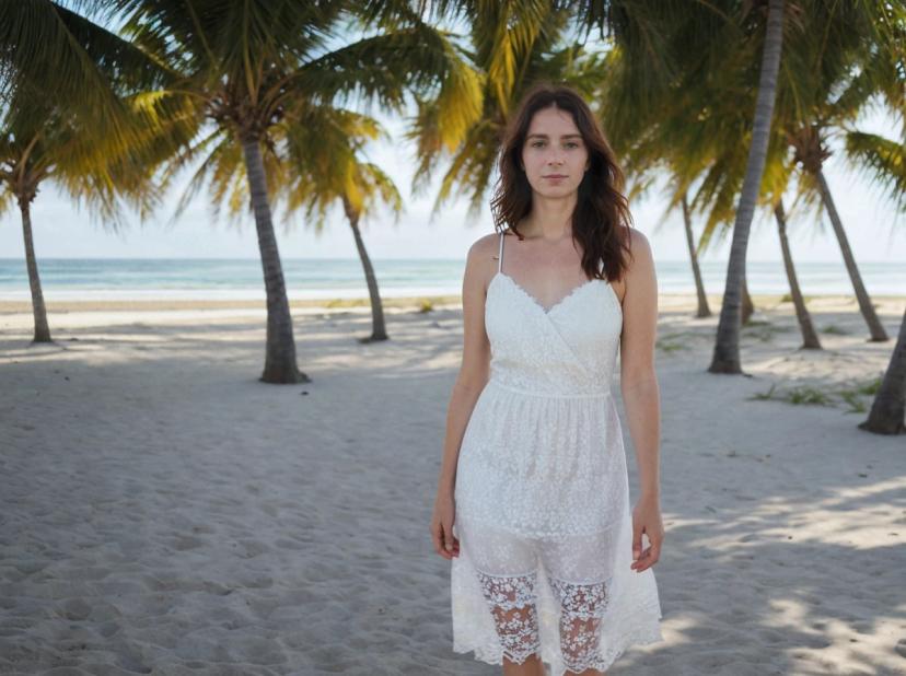 wide portrait photo of a beautiful caucasian woman with dark hair standing on a tropical beach, wearing a white lace dress, palm trees in the background