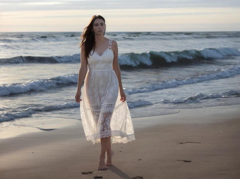 wide portrait photo of a caucasian woman with dark hair walking on a beach shore, wearing a translucent white lace dress, sea waves in the background
