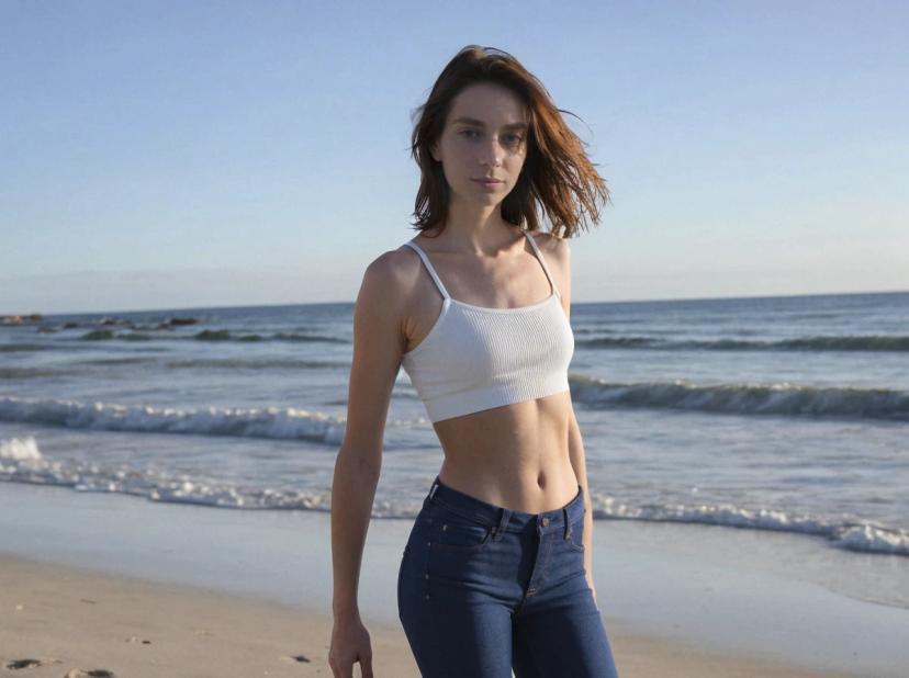 wide portrait photo of a caucasian woman with short hair walking on a beach shore, wearing a white crop top and dark jeans, sea in the background