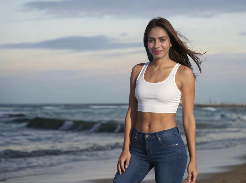 wide portrait photo of a latina woman with dark hair posing on a beach, wearing a white crop top and dark jeans, sea in the background