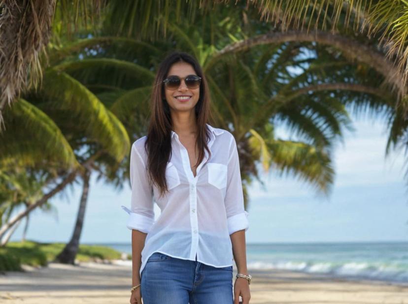 wide portrait photo of a smiling latina woman with dark hair standing on a beach, wearing a white buttoned shirt, jeans, and sunglasses, palm trees in the background