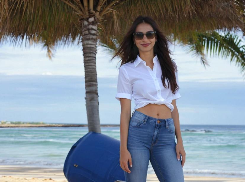 wide portrait photo of a latina woman with dark hair standing on a beach beneath a palm tree, wearing a white buttoned shirt, jeans, and sunglasses, sea in the background
