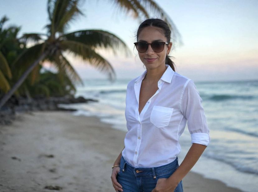 wide portrait photo of a latina woman with dark hair standing on a beach, wearing a white buttoned shirt, jeans, and sunglasses, sea in the background