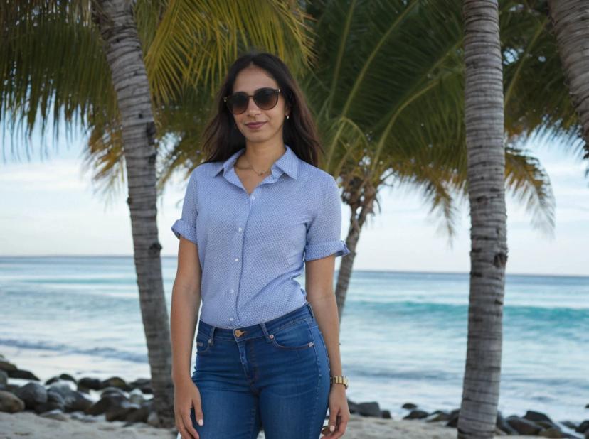 wide portrait photo of a latina woman with dark hair standing on a beach near palm trees, wearing a light blue buttoned shirt, jeans, and sunglasses, sea in the background