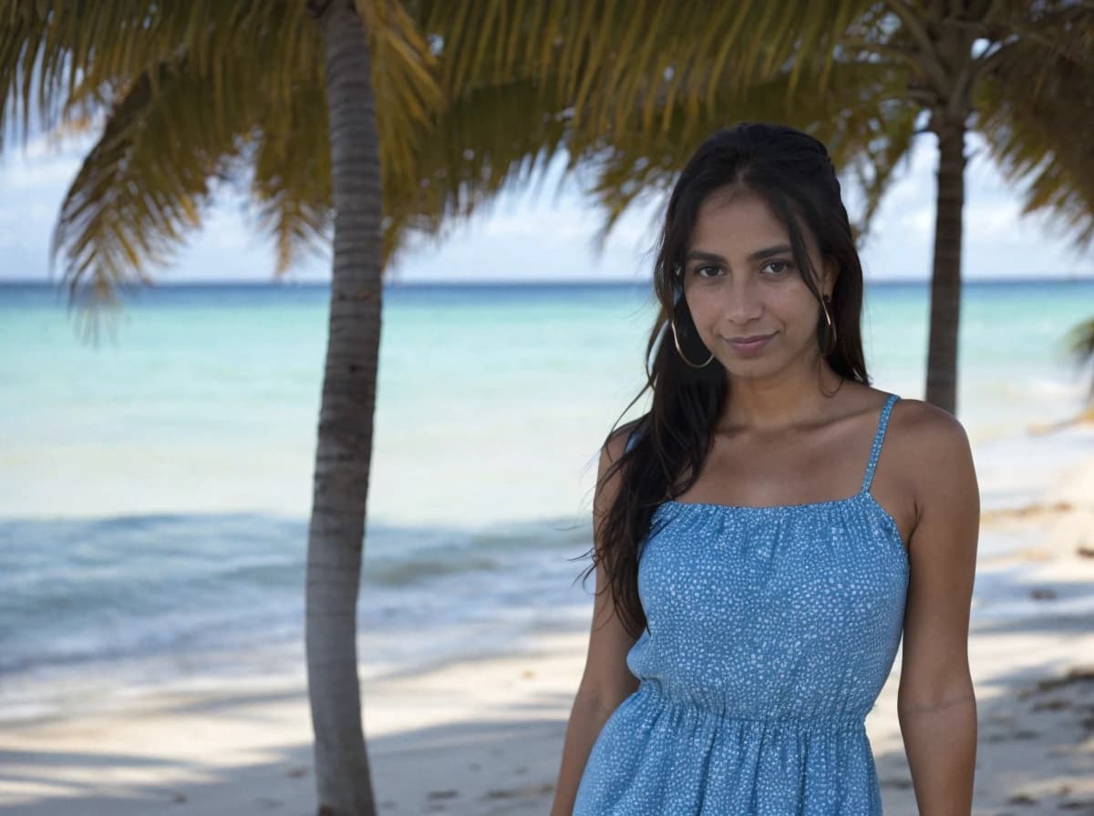 wide portrait photo of a latina woman with dark hair and earrings standing on a beach, wearing a pattern summer dress, palm trees and sea in the background