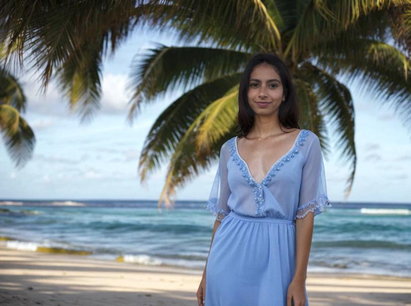 wide portrait photo of a latina woman with dark hair standing on a beach, wearing a beautiful light blue dress, palm trees and sea in the background
