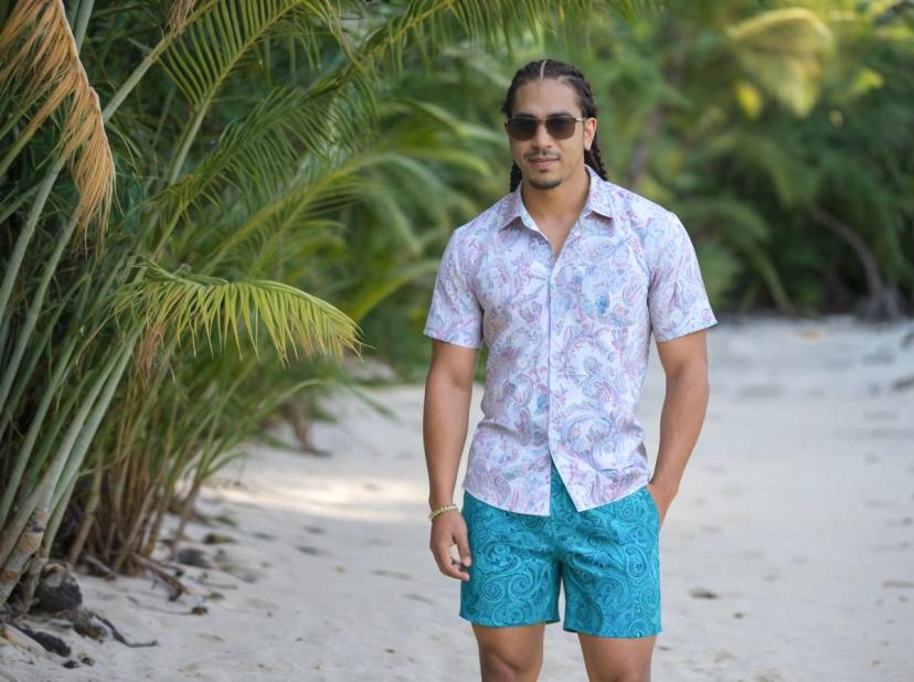 wide portrait photo of a latino man with dreadlocks standing casually on a beach, wearing a paisley shirt, shorts, and sunglasses, vegetation in the background